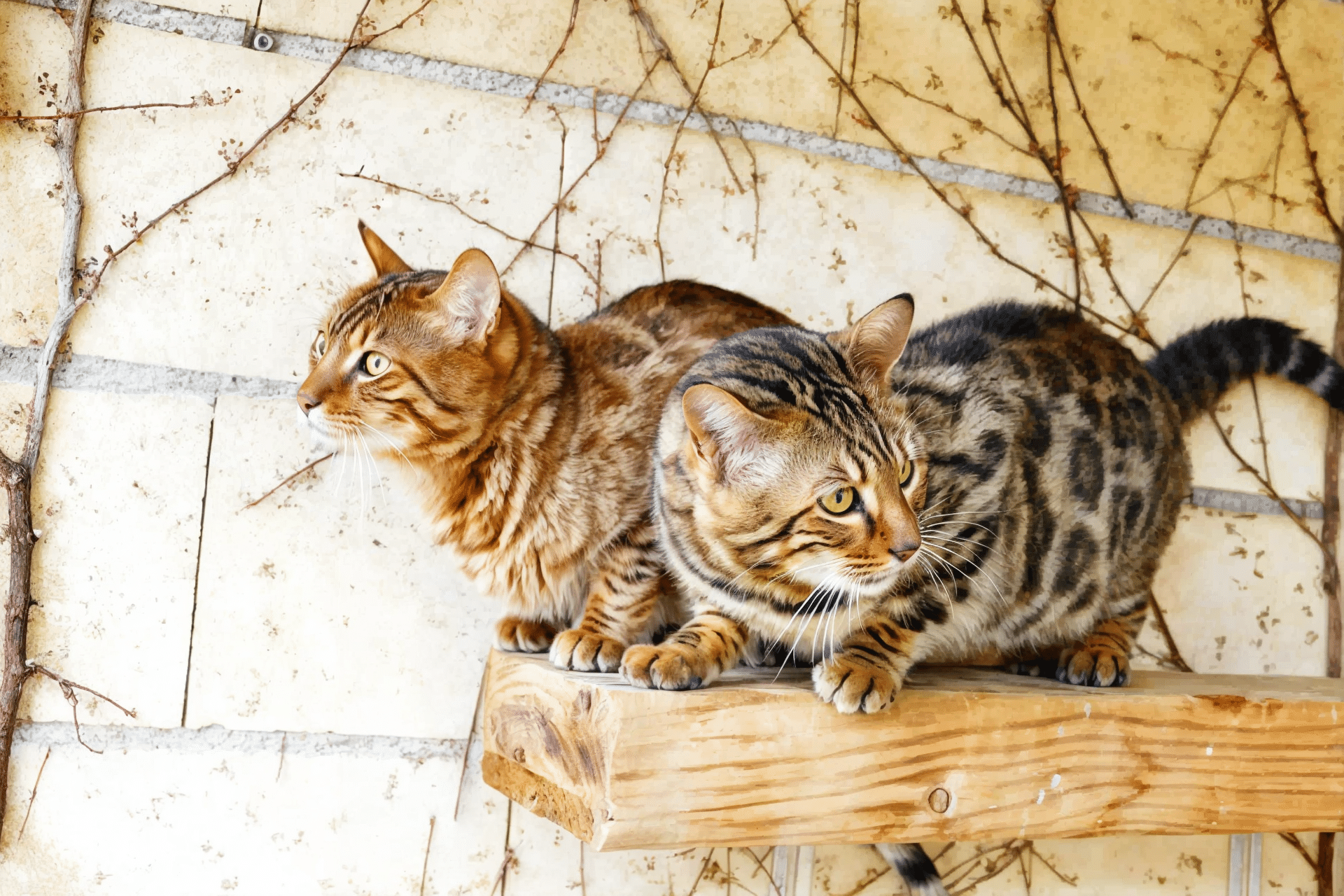 Dos gatos bengalíes adultos, uno de manto dorado y otro marrón con rosetas oscuras, subidos a una repisa de madera junto a una pared de piedra clara con una enredadera sin hojas