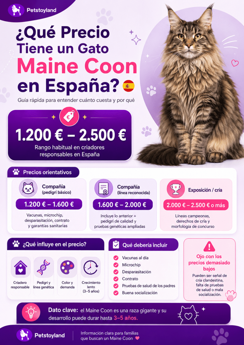 Infografía de Petstoyland sobre el precio de un gato Maine Coon en España: rango habitual de 1.100 € a 2.400 € en criadores responsables, precios orientativos por tipo de ejemplar (compañía con pedigrí básico, línea reconocida y exposición o cría), factores que influyen como el criadero, el pedigrí y su crecimiento lento de 3 a 5 años, y checklist de lo que debe incluir: vacunas, microchip, contrato y pruebas de salud de los padres.