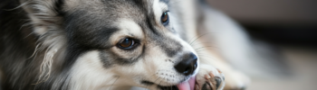 Perro de pelaje blanco y gris con apariencia lobuna se lame una de sus patas delanteras en un momento de calma. Este comportamiento puede ser una señal importante para entender por qué los perros se lamen las patas.