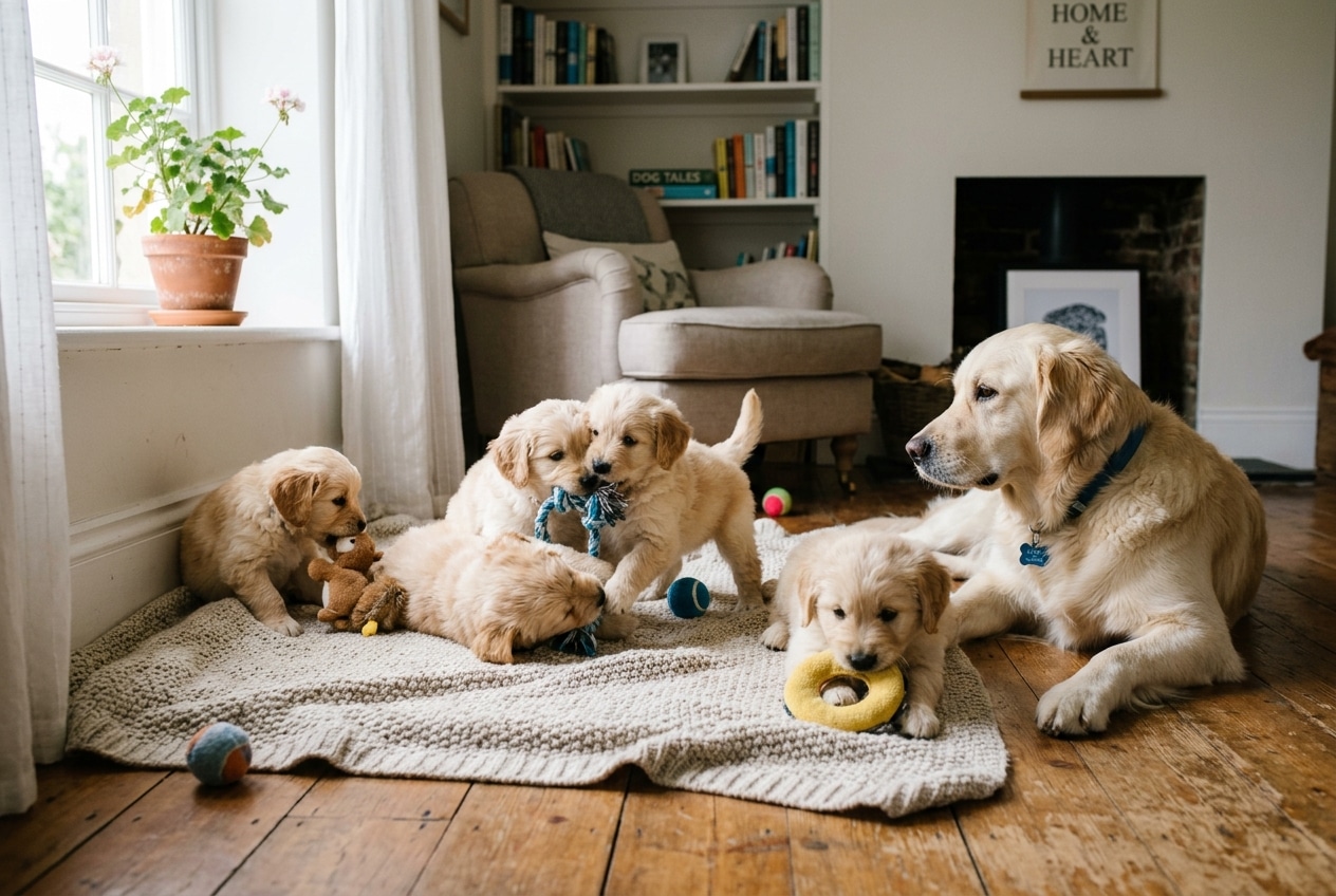 Camada de cachorros jugando con su madre sobre una alfombra en el salón de una casa