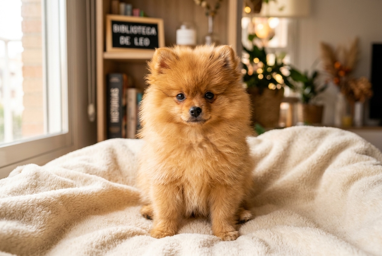 Cachorro de Pomerania toy de color naranja sentado sobre una manta clara en un salón, con el manto doble bien cepillado