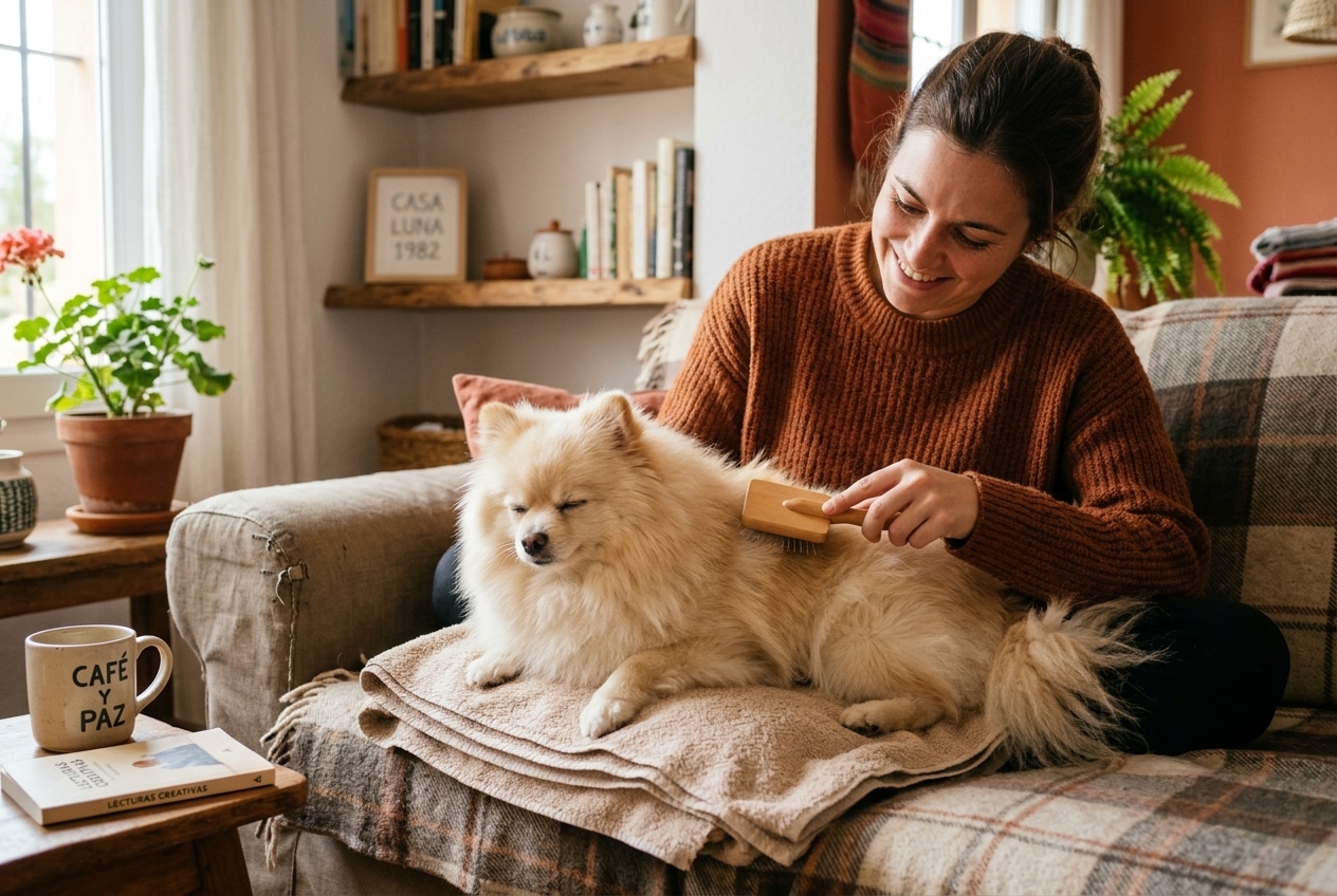 Mujer cepillando a un Pomerania toy de color crema tumbado sobre una manta en el sofá del salón