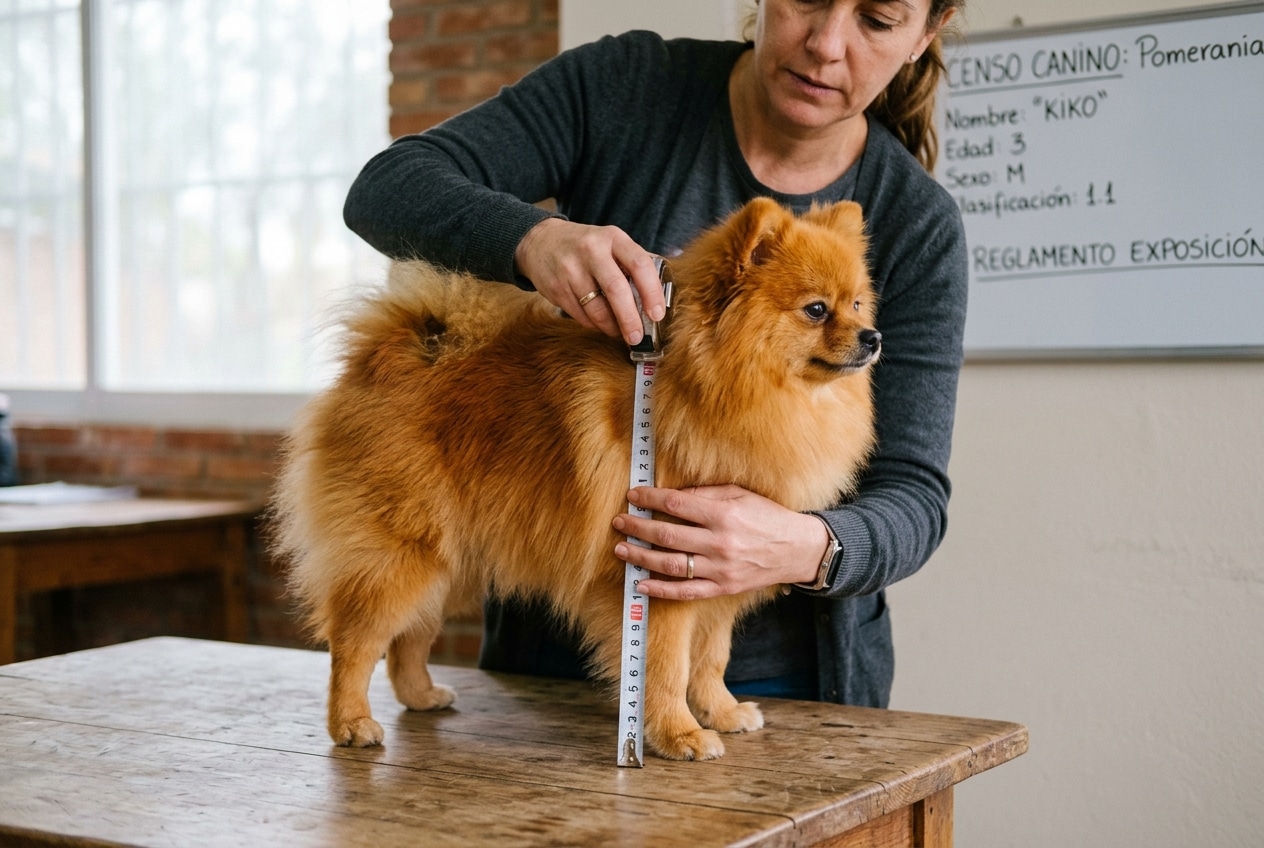 Criadora midiendo con cinta métrica la alzada a la cruz de un Pomerania adulto de pie sobre una mesa de madera
