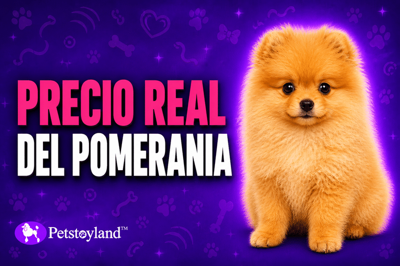 Cachorro de Pomerania toy de pelaje naranja junto al rótulo Precio real del Pomerania sobre fondo violeta