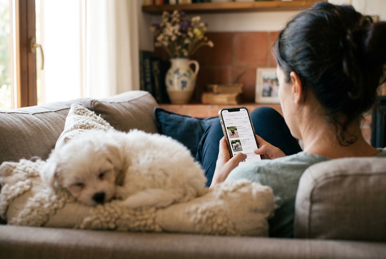 Mujer revisando anuncios de cachorros de raza pequeña en el móvil con un cachorro blanco dormido a su lado