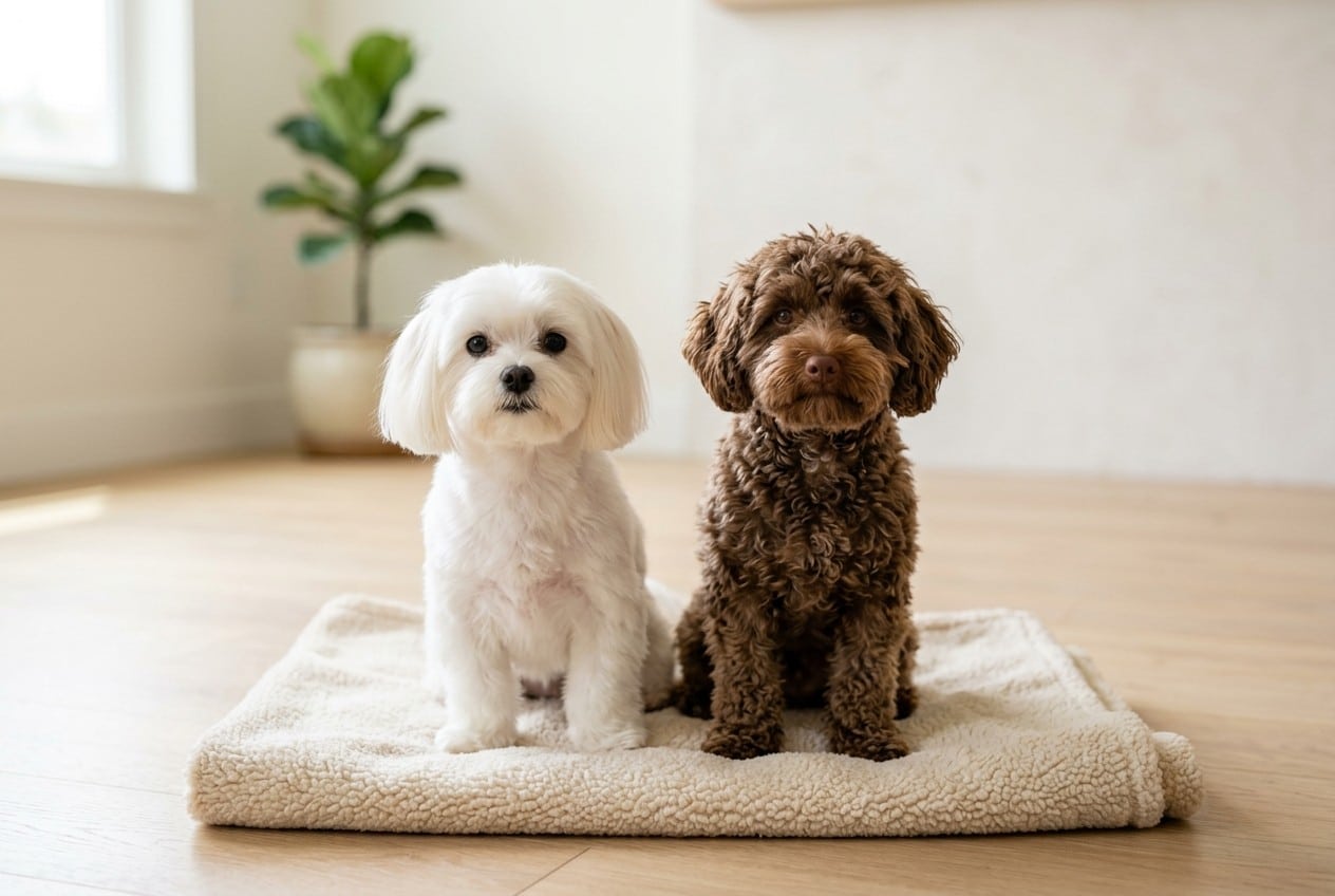 Bichón maltés blanco adulto de pelo liso junto a un maltipoo marrón de pelo rizado, sentados uno al lado del otro sobre una manta clara