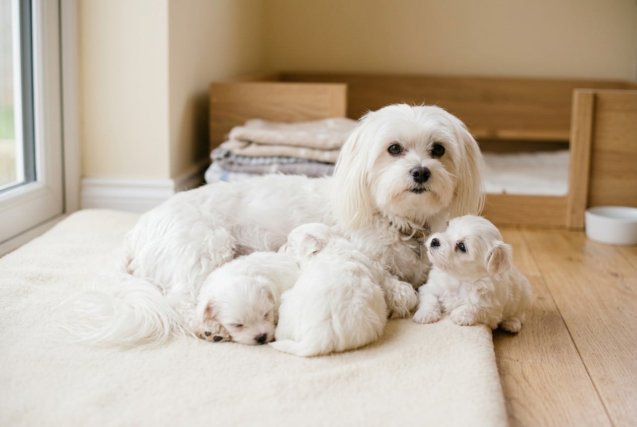 Madre bichón maltés adulta de pelo blanco largo tumbada junto a tres cachorros de bichón maltés en una cama de criadero