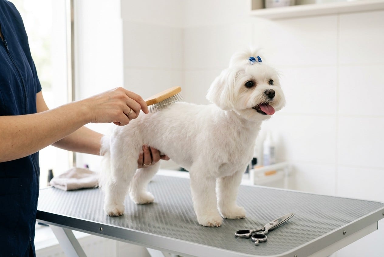Peluquera cepillando el pelo blanco de un bichón maltés adulto con corte cachorro sobre una mesa de peluquería canina