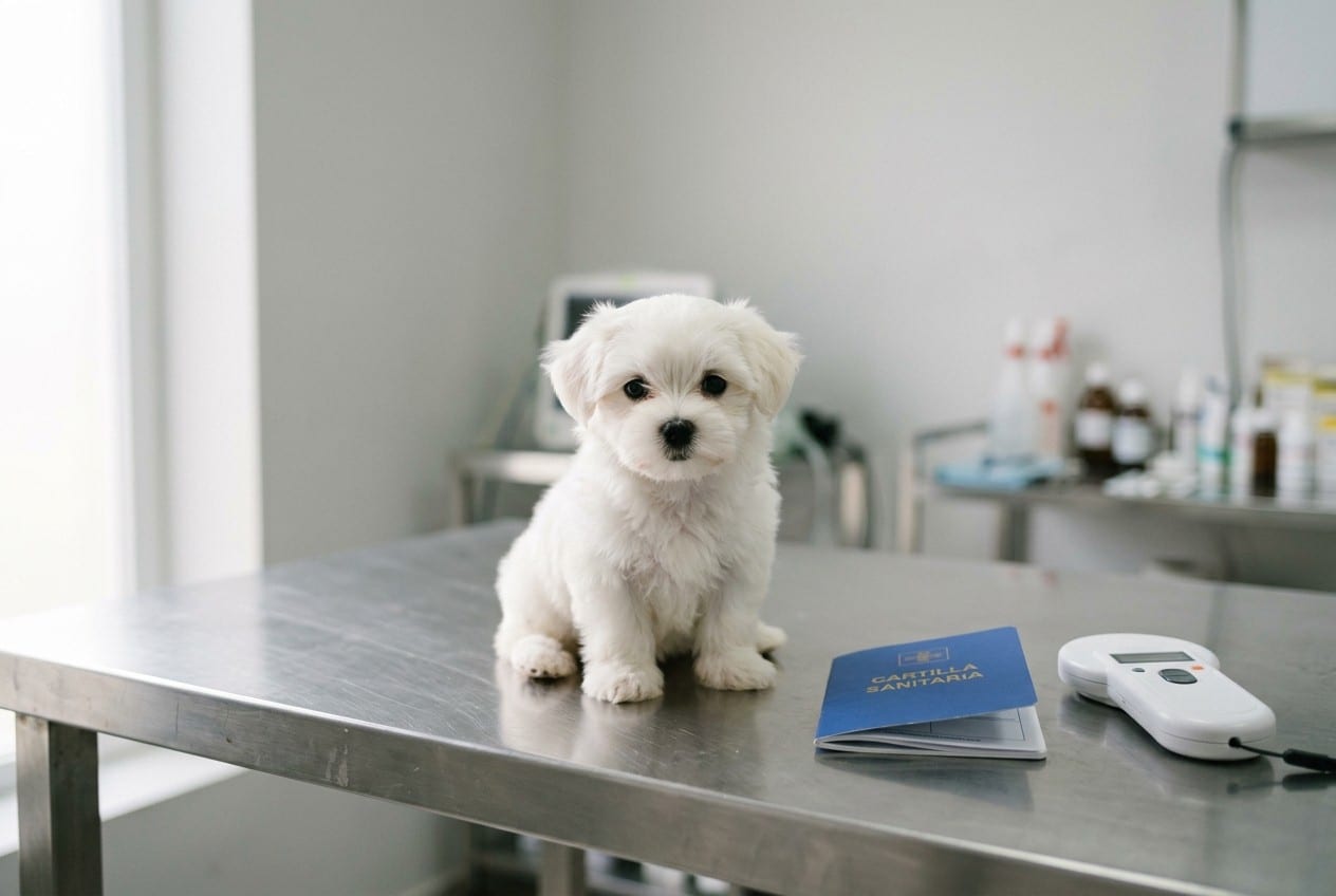 Cachorro de bichón maltés blanco sobre una mesa de consulta veterinaria junto a una cartilla sanitaria abierta y un lector de microchip