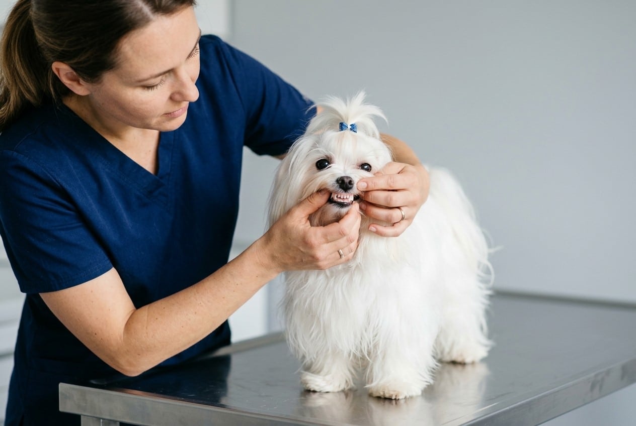 Veterinaria revisando los dientes de un bichón maltés adulto levantándole con cuidado el labio sobre una camilla de consulta