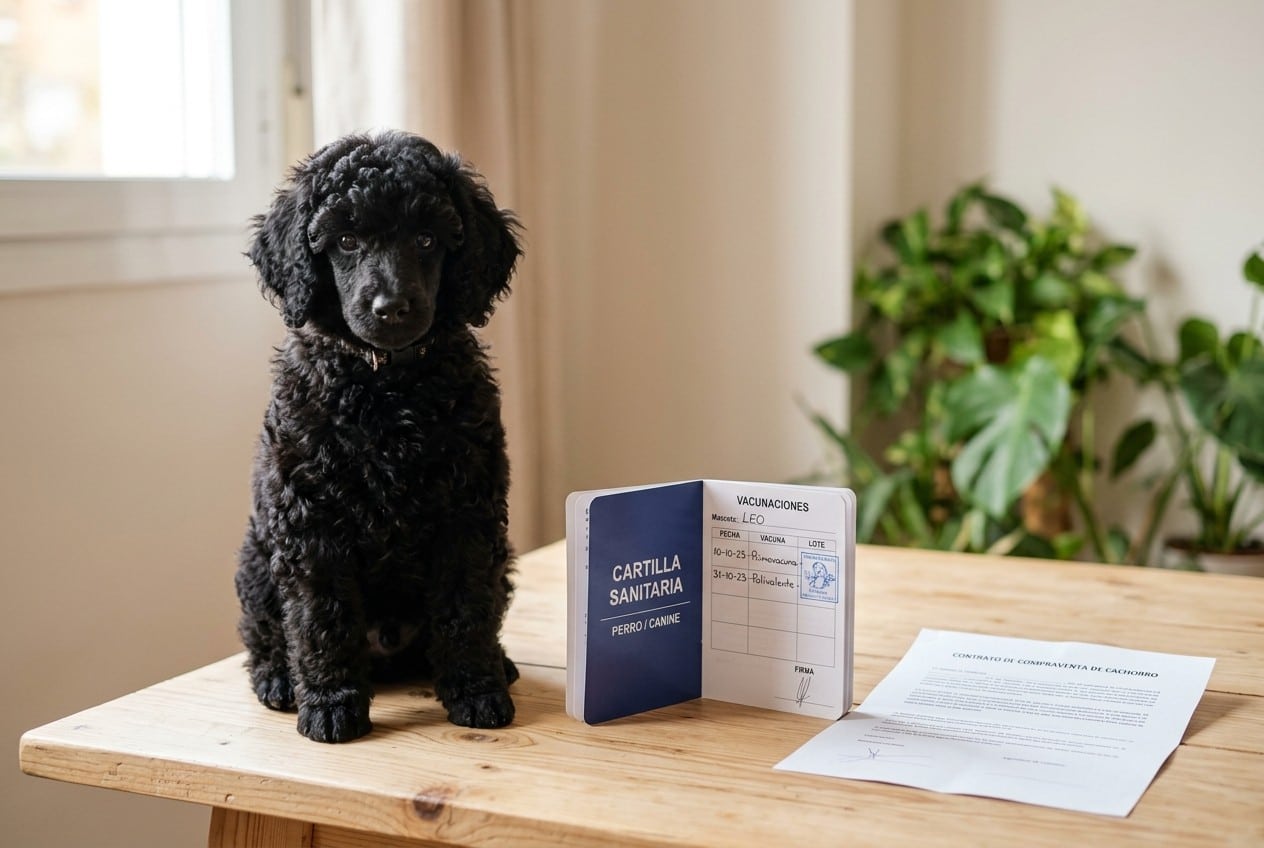 Cachorro de caniche enano negro sentado sobre una mesa junto a una cartilla sanitaria veterinaria abierta y un contrato de compraventa