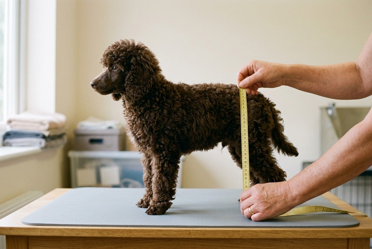 Manos de un criador midiendo con una cinta métrica la altura a la cruz de un cachorro de caniche enano marrón de pie sobre una mesa