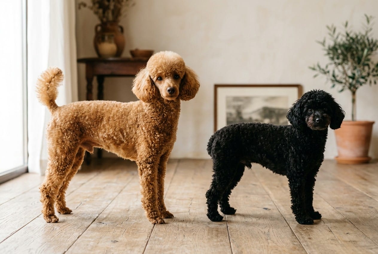 Caniche enano adulto de color apricot de pie junto a un caniche toy adulto negro sobre un suelo de madera, con la diferencia de altura a la cruz visible