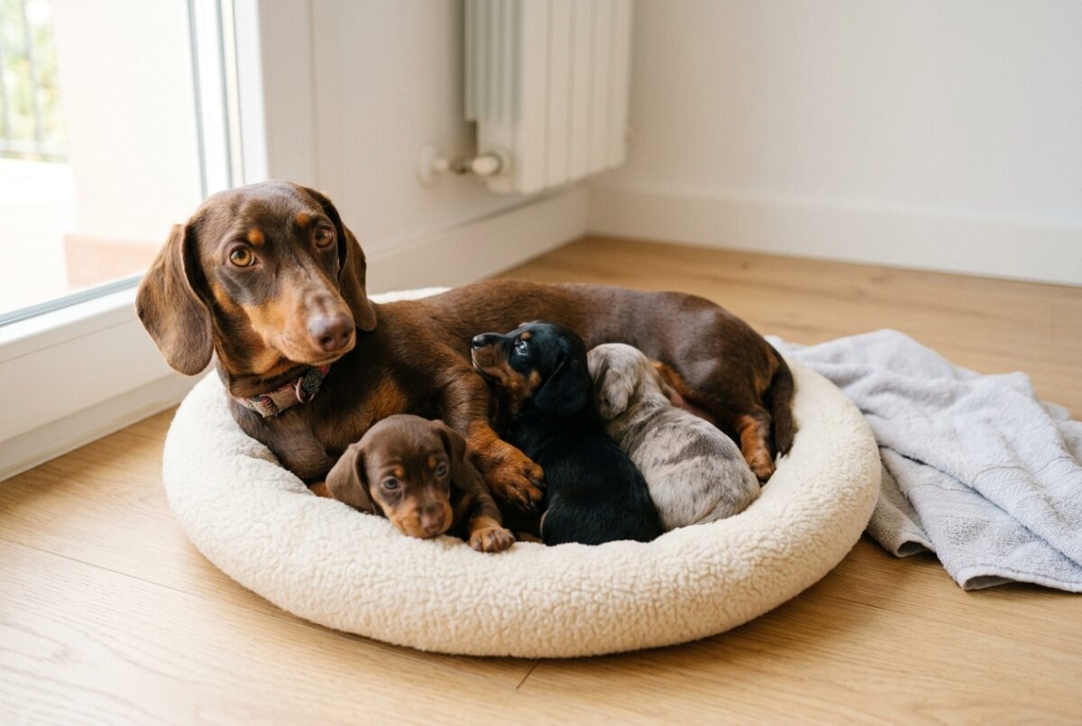 Madre teckel miniatura de pelo corto chocolate y fuego tumbada con tres cachorros de teckel en una cama de criadero
