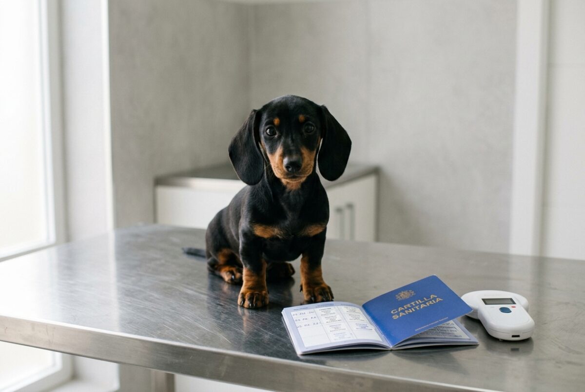 Cachorro de perro salchicha negro y fuego sobre una mesa de consulta veterinaria junto a una cartilla sanitaria abierta y un lector de microchip