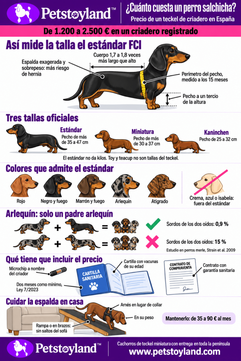 Infografía del precio del perro salchicha: de 1.200 a 2.500 € en un criadero registrado, cómo mide la talla el estándar FCI, colores admitidos, cruce del arlequín, qué incluye el precio y cómo cuidar la espalda