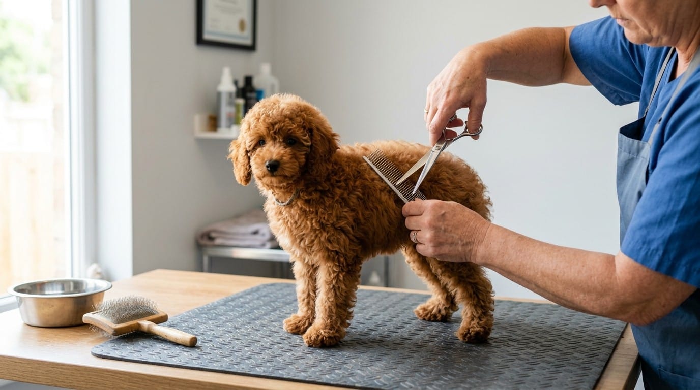 Cachorro de Caniche Toy rojo sobre la mesa de la peluquería canina mientras le recortan el pelo rizado con tijera