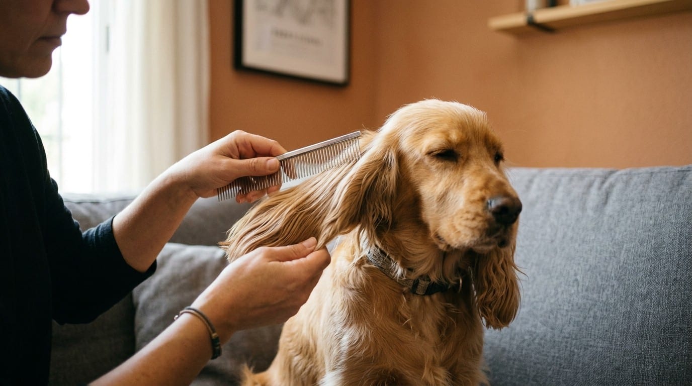 Manos de una mujer peinando con un peine metálico los flecos de la oreja de un Cocker Spaniel Inglés dorado sentado en el sofá