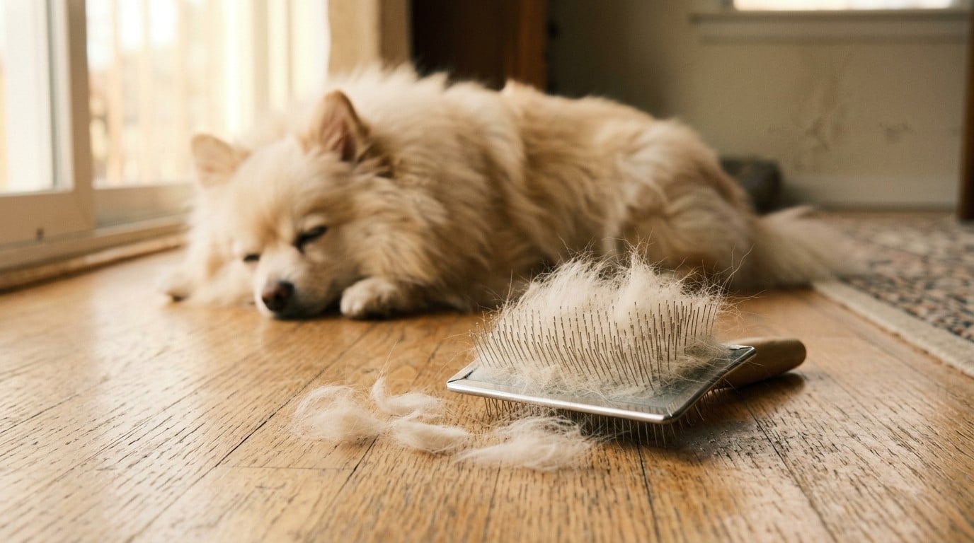 Cepillo de púas lleno de subpelo claro junto a un Pomerania adulto tumbado en el suelo durante la muda