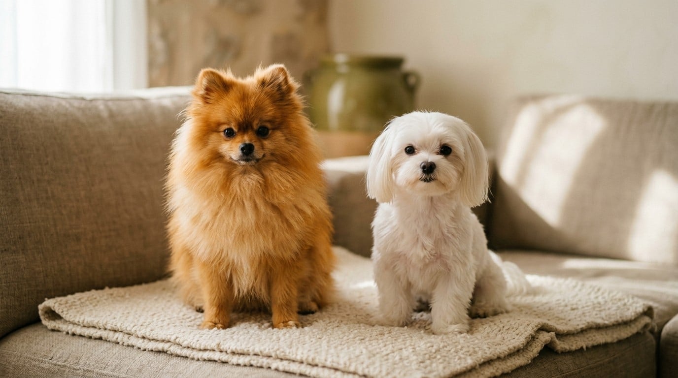 Cachorro de Pomerania y cachorro de Bichón Maltés sentados juntos sobre una manta, dos perros pequeños peludos con tipos de pelo distintos