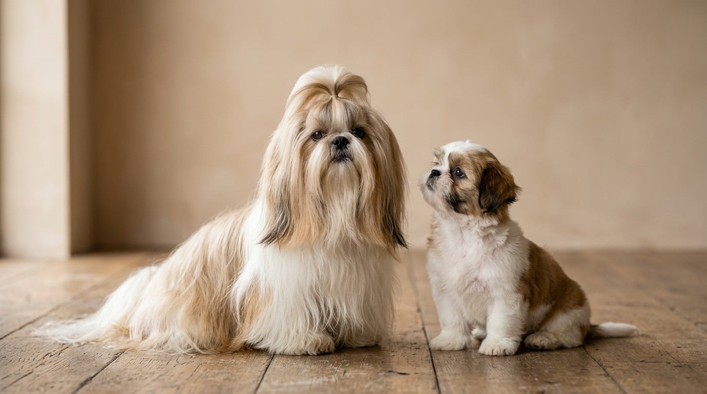 Shih Tzu adulto con el pelo de la cabeza recogido en un moño junto a un cachorro de Shih Tzu con corte corto de cachorro