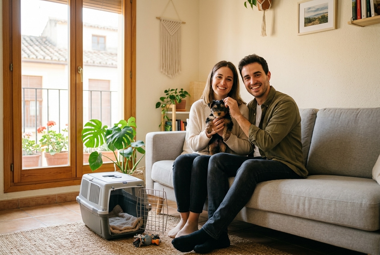 Pareja joven sentada en el sofá de su casa sosteniendo a un cachorro de yorkshire terrier recién llegado, con un transportín abierto a sus pies