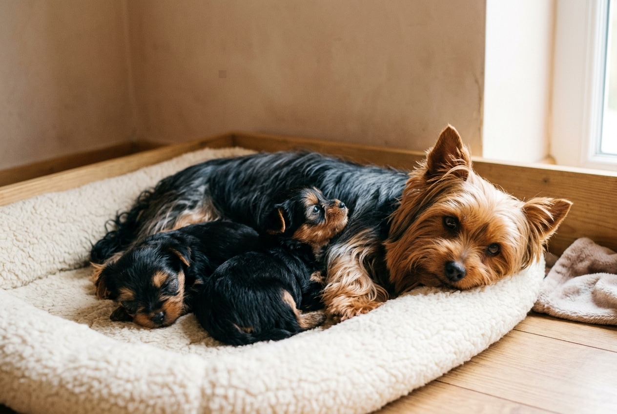 Madre yorkshire terrier adulta de color azul acero y fuego tumbada junto a tres cachorros de yorkshire negro y fuego en una cama de criadero