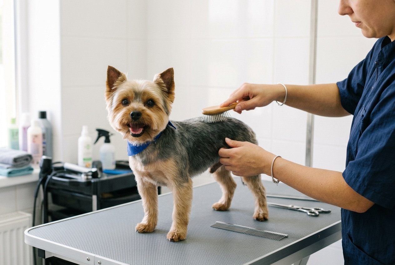 Peluquera cepillando a un yorkshire terrier adulto con corte cachorro sobre una mesa de peluquería canina