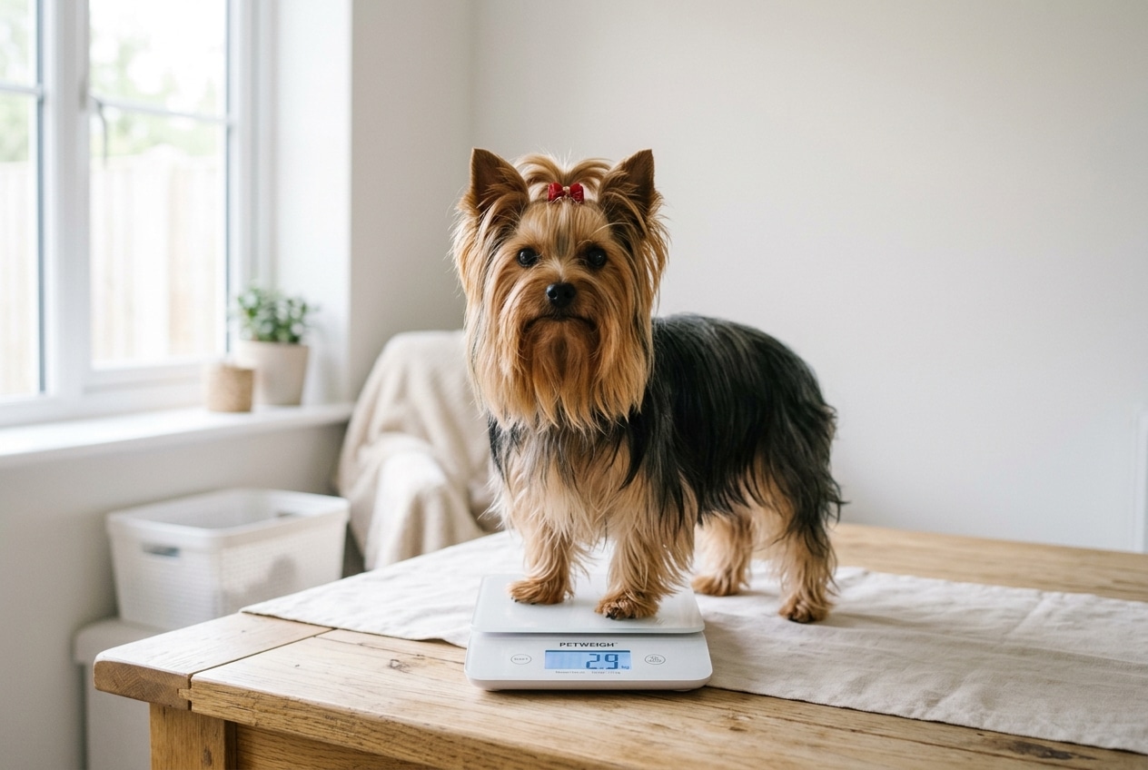 Yorkshire terrier adulto de pelo azul acero y fuego de pie sobre una báscula digital de mesa que marca 2,9 kg, en una sala luminosa de criadero