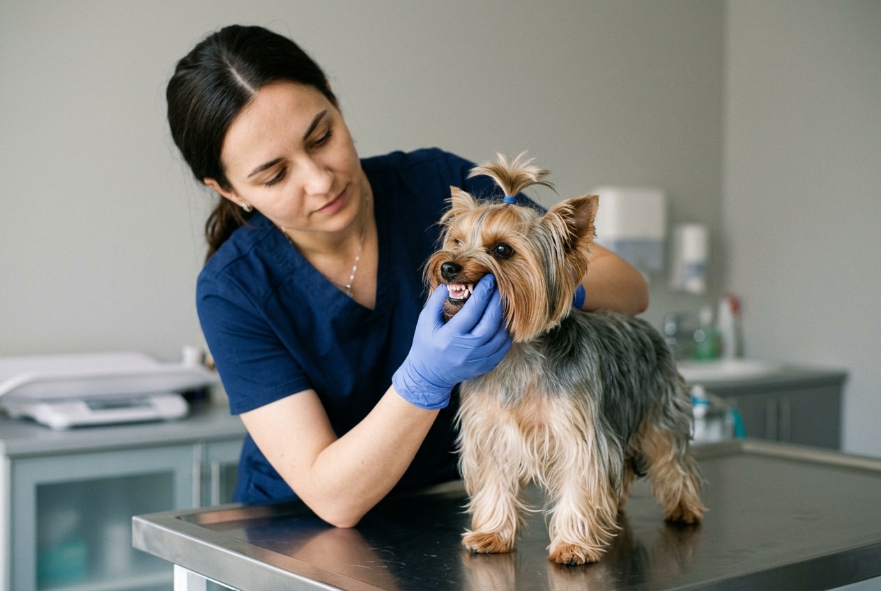 Veterinaria revisando los dientes de un yorkshire terrier adulto levantándole con cuidado el labio sobre una camilla de consulta