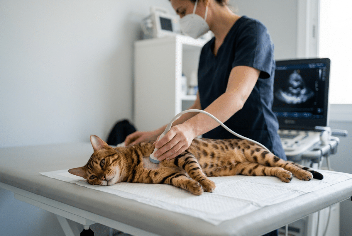 Veterinaria haciendo una ecocardiografía a un gato bengalí adulto tumbado sobre una camilla, con la sonda en el pecho