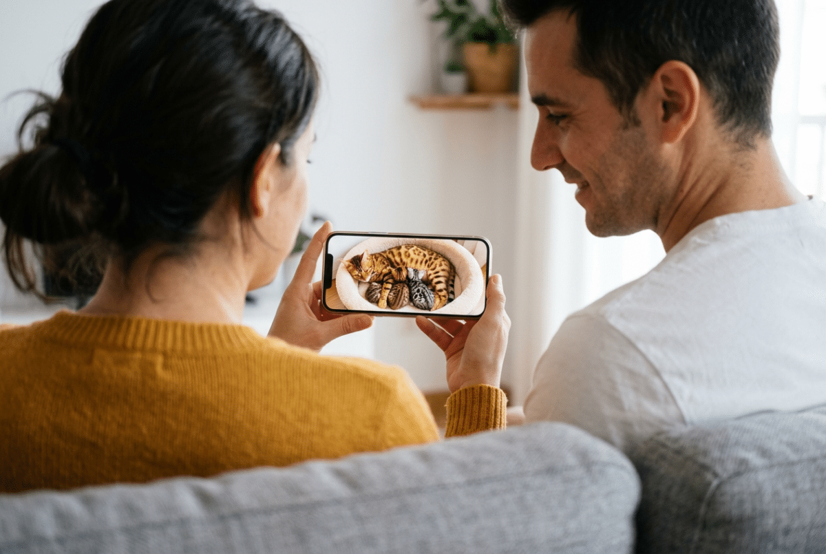 Pareja mirando en el móvil un vídeo de una madre de gato bengalí tumbada con tres gatitos en su cama, antes de reservar