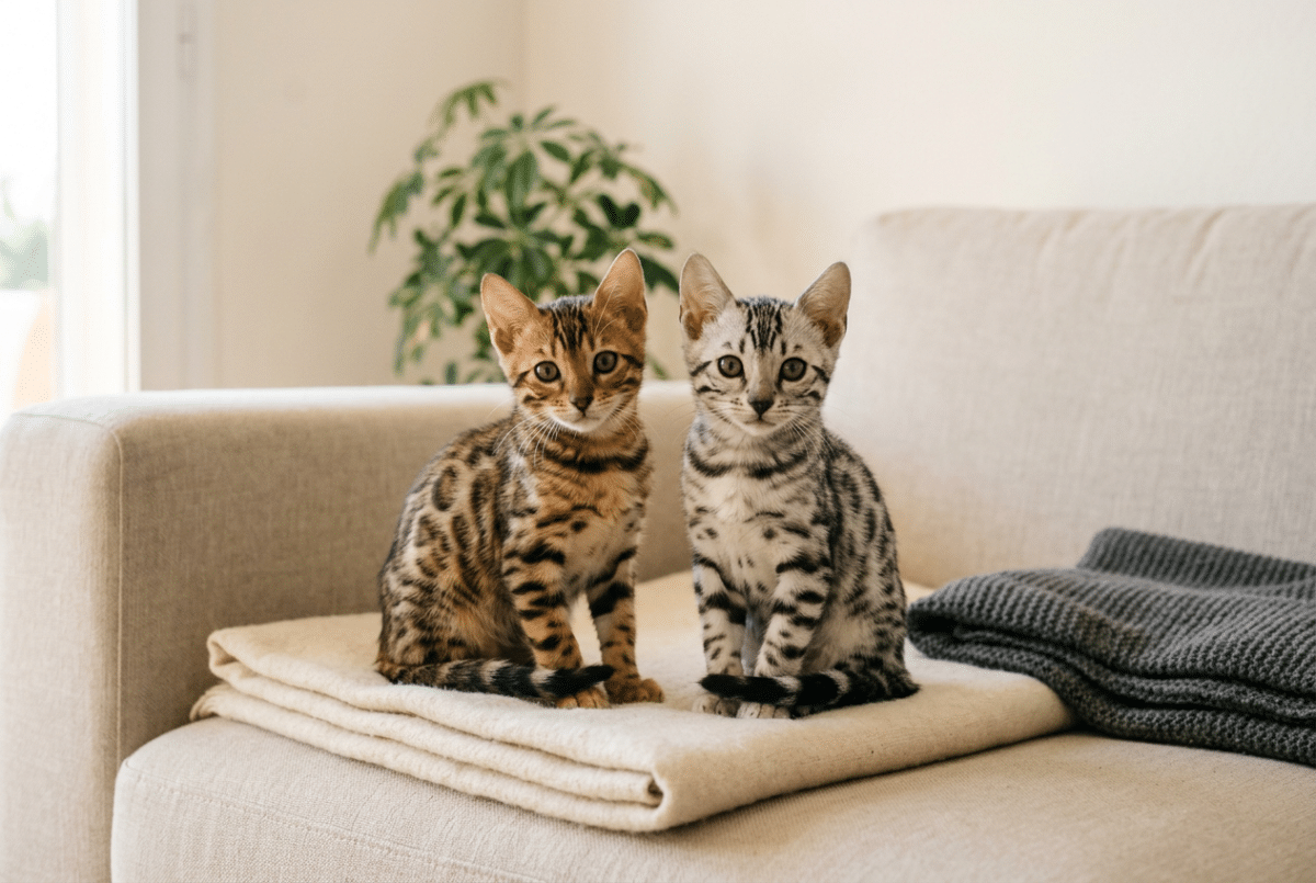 Dos gatitos bengalíes de dos meses, uno brown dorado y otro silver plateado, sentados juntos sobre una manta clara; los dos colores entran en el mismo precio del gato bengalí