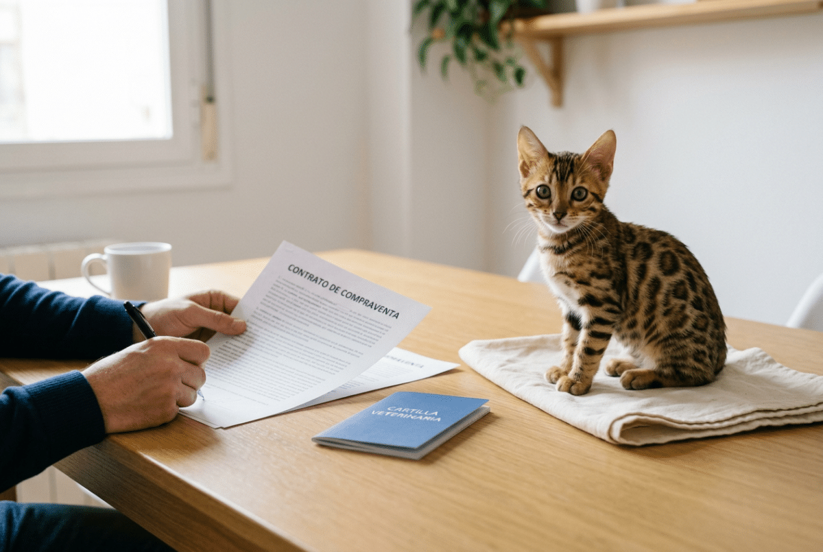 Gatito bengalí brown con rosetas sentado sobre una mesa junto al contrato de compraventa y la cartilla veterinaria que entran en el precio del gato bengalí, mientras una mano firma