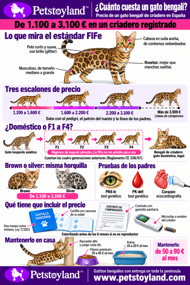 Infografía del precio del gato bengalí: de 1.100 a 3.100 € en un criadero registrado, lo que mira el estándar FIFe, los tres escalones de precio, los F1 a F4, brown o silver, las pruebas de los padres, qué incluye el precio y cómo mantenerlo en casa
