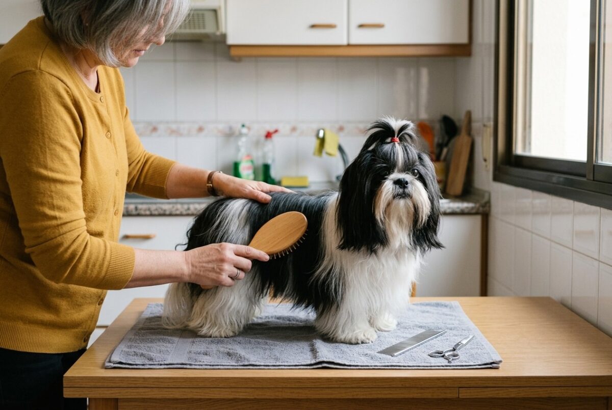 Mujer cepillando el pelo largo de un shih tzu adulto sobre una mesa de cocina, con un peine y un cepillo de púas al lado