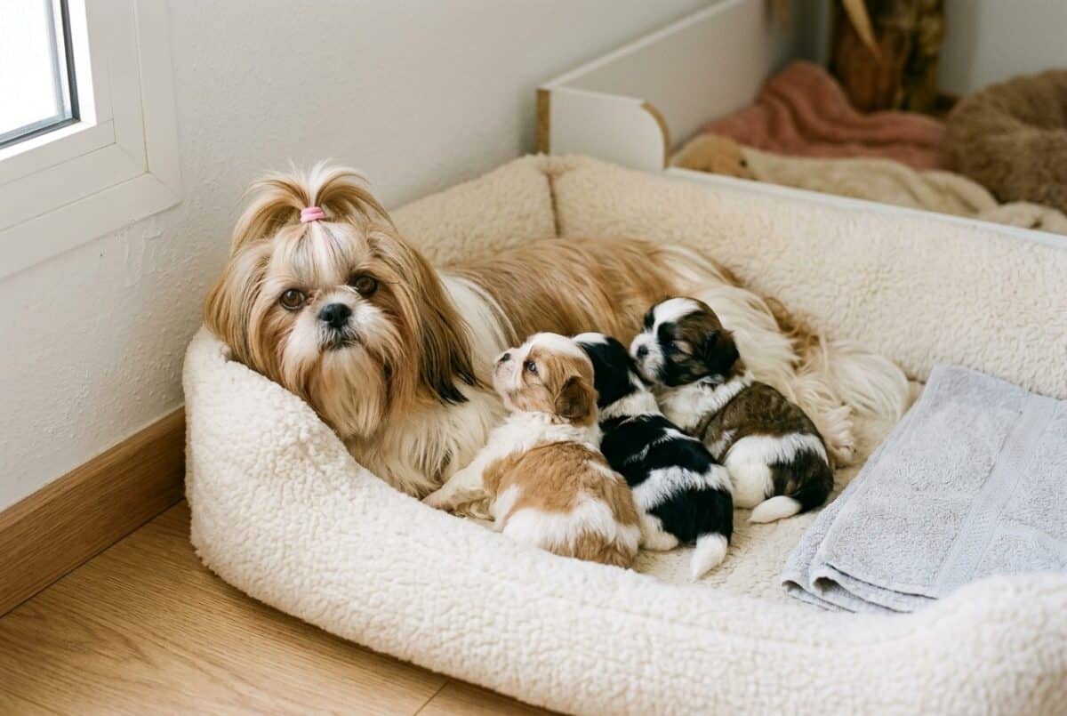 Madre shih tzu dorada y blanca tumbada con tres cachorros de seis semanas en una cama del criadero