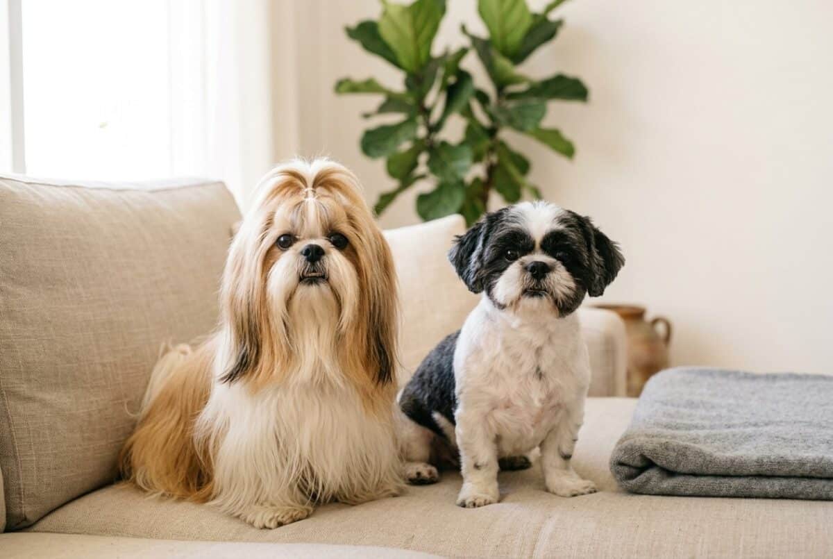 Dos shih tzu adultos sentados juntos, uno con el pelo largo y moño en la cabeza y otro con el corte cachorro de pelo corto