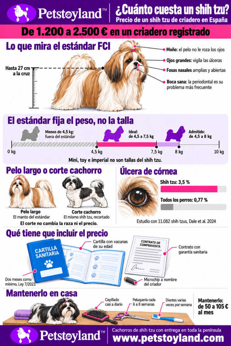 Infografía del precio del shih tzu: de 1.200 a 2.500 € en un criadero registrado, lo que mira el estándar FCI, el peso de 4,5 a 8 kilos, pelo largo o corte cachorro, la úlcera de córnea, qué incluye el precio y cómo mantenerlo en casa