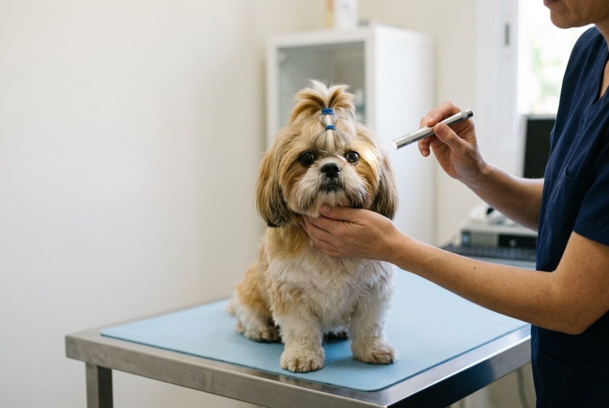 Veterinaria revisando los ojos de un shih tzu adulto con una pequeña linterna sobre la mesa de consulta